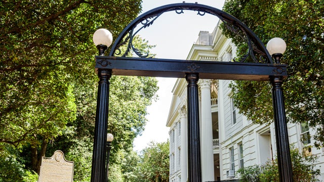 Athens, Georgia, University of Georgia school campus, North Campus Quad, wrought iron entrance gate 