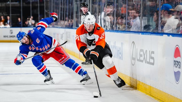 Matvei Michkov #39 of the Philadelphia Flyers skates with the puck against the New York Rangers at Madison Square Garden on February 26, 2026 in New York City. 