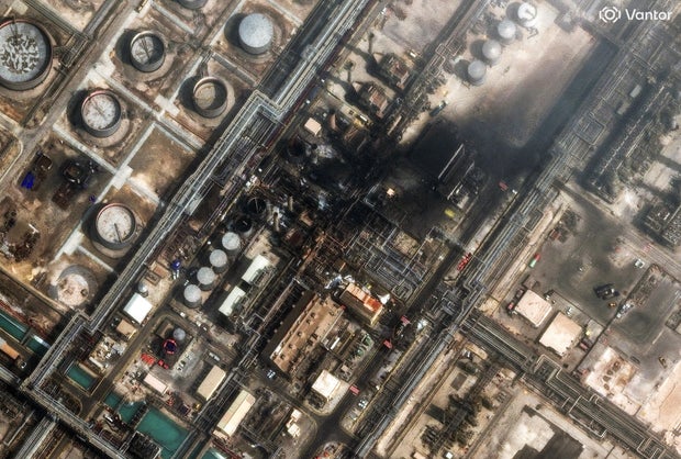 A satellite image shows fire in the Ras Tanura oil refinery in Saudi Arabia after a drone attack 