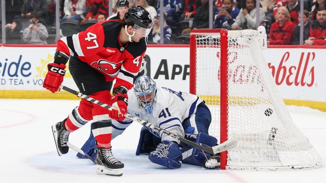 Paul Cotter #47 of the New Jersey Devils puts the puck past Anthony Stolarz #41 of the Toronto Maple Leafs in a shootout during a game between the Toronto Maple Leafs and New Jersey Devils at Prudential Center on March 4, 2026 in Newark, New Jersey. 