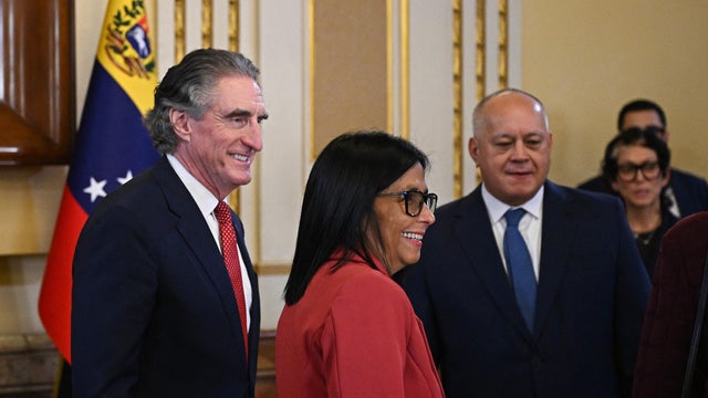 U.S. Interior Secretary Doug Burgum, left, Venezuela's acting President Delcy Rodr&iacute;guez, center, and Minister of Interior, Justice and Peace Diosdado Cabello are seen at a meeting at the Miraflores Presidential Palace in Caracas on March 4, 2026. 