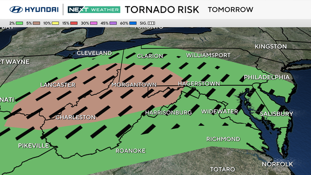 Wednesday tornado risk is 2 percent for the Philadelphia region and surrounding areas 