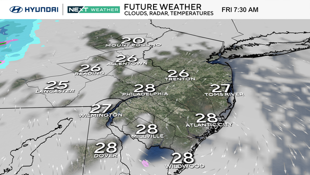 A weather map showing temperatures in the mid to upper 20s Friday morning in Philadelphia 