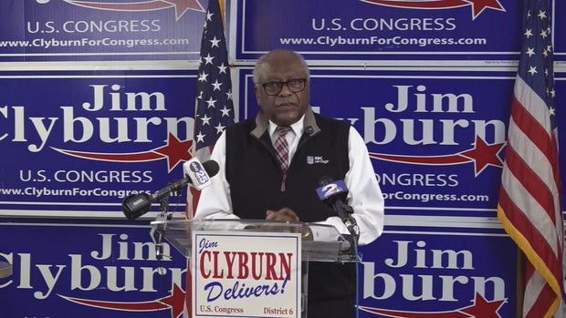 Rep. James Clyburn speaks at South Carolina Democratic Party headquarters in Columbia, South Carolina, on Thursday, March 12, 2026. 