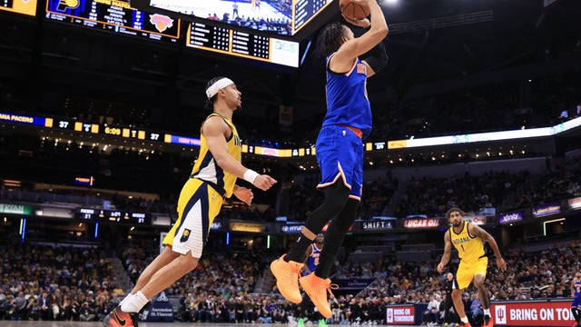 Jalen Brunson #11 of the New York Knicks takes a shot against Andrew Nembhard #2 of the Indiana Pacers during the second quarter at Gainbridge Fieldhouse on March 13, 2026 in Indianapolis, Indiana. 
