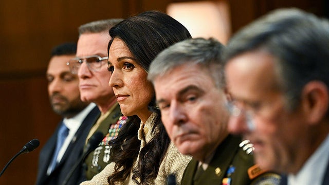 FBI Director Kash Patel, DIA Director James Adams III, Director of National Intelligence Tulsi Gabbard, Lt. Gen. William Hartman of U.S. Cyber Command and CIA Director John Ratcliffe testify at a Senate Intelligence Committee hearing in Washington, D.C.,  