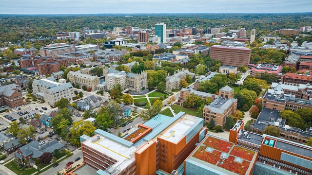 Aerial View of Urban University Campus with Historical and Modern Architecture 