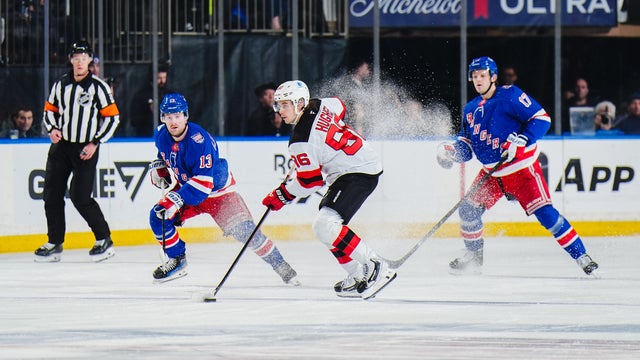 Jack Hughes #86 of the New Jersey Devils skates with the puck against the New York Rangers at Madison Square Garden on March 18, 2026 in New York City. 