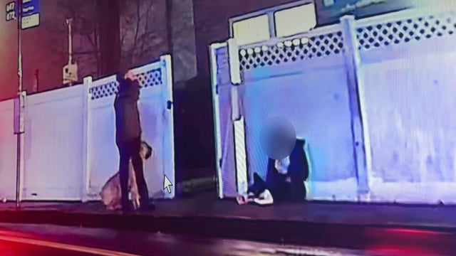 A woman sits on the ground while a man with a dog calls 911 