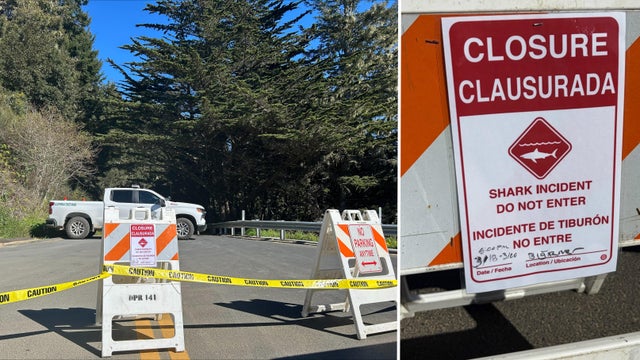 Big River Beach entrance closed, shark attack sign, Mendocino County 