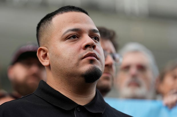 Kilmar Abrego Garcia attends a rally in his honor at the Immigration and Customs Enforcement field office in Baltimore on Aug. 25, 2025.