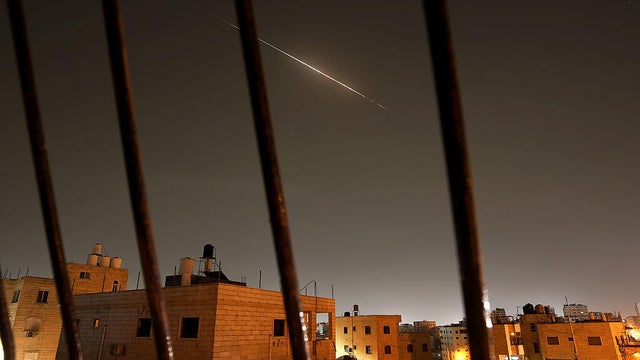 Missiles launched from Iran towards Israel seen over Hebron in West Bank 
