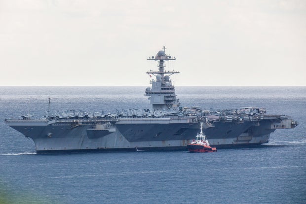The USS Gerald R. Ford aircraft carrier arrives at the Souda Bay naval base on the island of Crete, Greece, March 23, 2026.