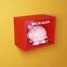Pink piggy bank in a red box with a glass printed with the instruction BREAK GLASS IN CASE OF EMERGENCY on a yellow wall. Illustration of the concept of emergency fund and financial buffer 