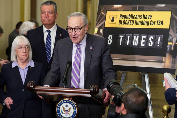 Sen. Chuck Schumer of New York speaks as Sen. Alex Padilla of California and Sen. Patty Murray of Washington listen during a news briefing after a weekly Senate Democratic luncheon at the U.S. Capitol in Washington, D.C., on Tuesday, March 24, 2026. 