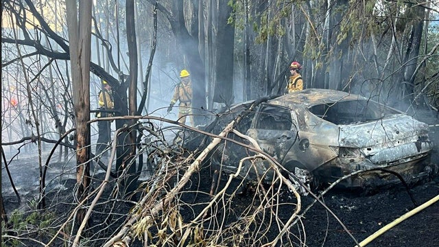 A burned vehicle in a wooded area with fire crews around it 