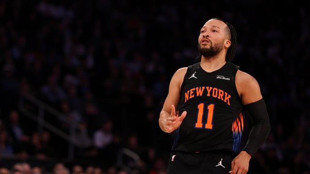 Jalen Brunson #11 of the New York Knicks reacts during the second quarter against the New Orleans Pelicans at Madison Square Garden on March 24, 2026 in New York City. 