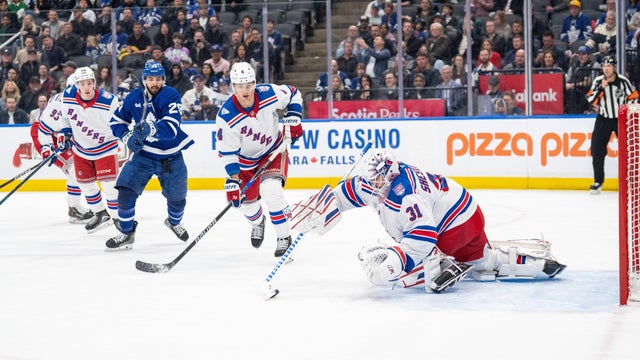 Goaltender Igor Shesterkin (31) of the New York Rangers makes a save with his stick in third period action, as the Toronto Maple Leafs play the New York Rangers in NHL hockey action at Scotiabank Arena in Toronto. 