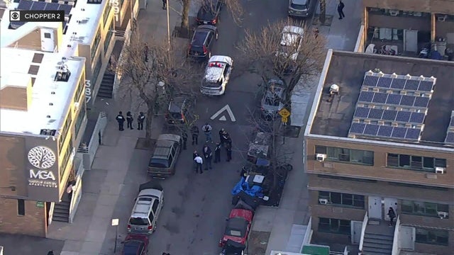 Aerial view of police on Brooklyn street 