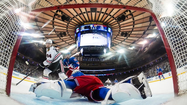Dylan Garand #33 of the New York Rangers makes a save against the Chicago Blackhawks at Madison Square Garden on March 27, 2026 in New York City. 