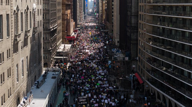 Demonstrators gather near Central Park before marching through Manhattan and passing through Times Square during the third "No Kings" protest in New York, United States, on March 28, 2026. 