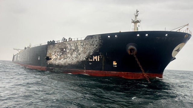 Damage to the Kuwait-flagged Al-Salmi crude oil tanker, following a reported strike 