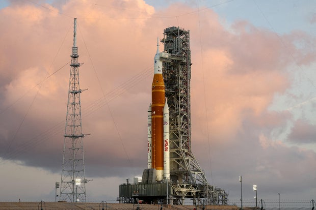 NASA's Artemis II mission, Space Launch System (SLS) rocket with the Orion crew capsule, at the Kennedy Space Center in Cape Canaveral 