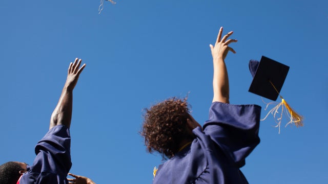 Graduates throwing caps in air outdoors 