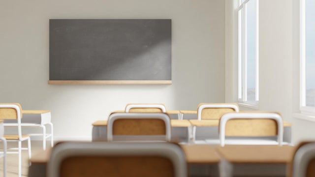 Generic classroom of elementary or middle school, offline studying, 3d rendering. Digital illustration of a high school class in direct sunlight, shallow depth of field 