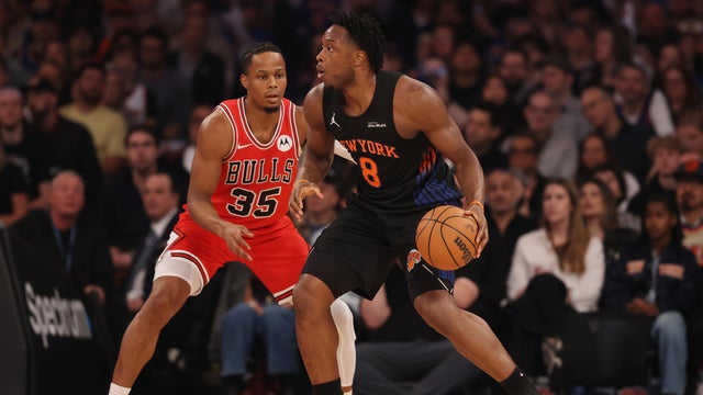 OG Anunoby #8 of the New York Knicks dribbles the ball against Isaac Okoro #35 of the Chicago Bulls during the first quarter at Madison Square Garden on April 03, 2026 in New York City. 