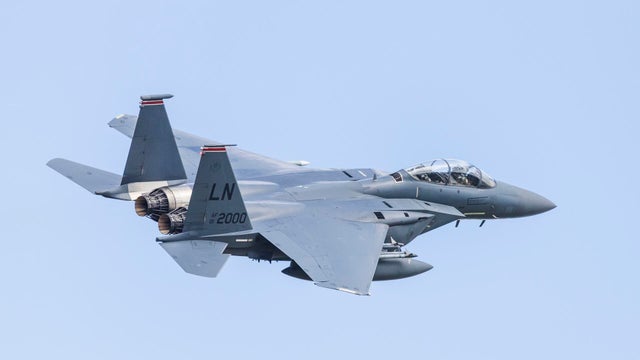 F-15E Strike Eagle banks after take off. 