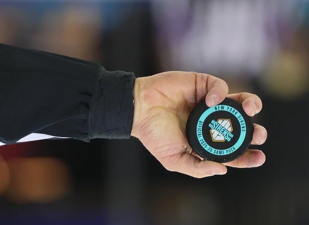 A closeup view of the game puck during the game between the New York Sirens and the Seattle Torrent at Madison Square Garden on April 04, 2026 in New York City.