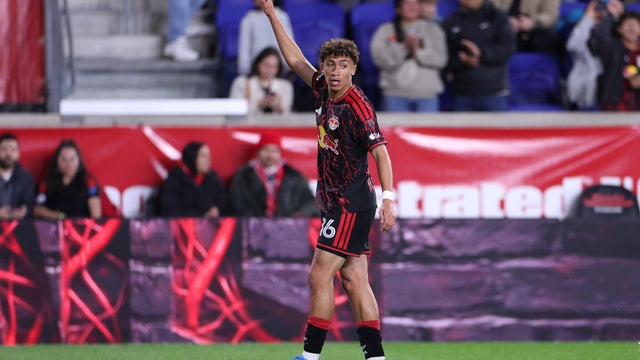 Julian Hall #16 of the New York Red Bulls celebrates his first half goal against the FC Cincinnati at Sports Illustrated Stadium on April 04, 2026 in Harrison, New Jersey. 
