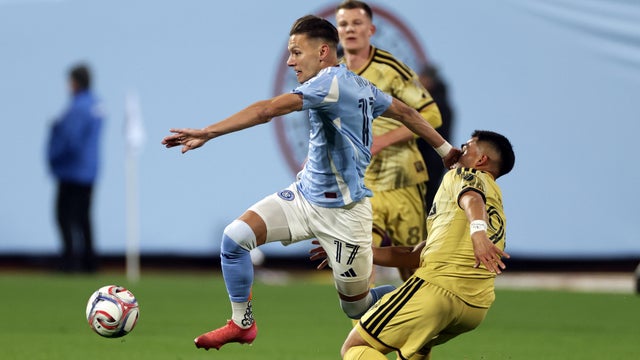 New York City FC midfielder Hannes Wolf (17) controls the ball past St. Louis CITY SC defender Jaziel Orozco (99) during an MLS soccer match, Saturday, April 4, 2026, in New York. 