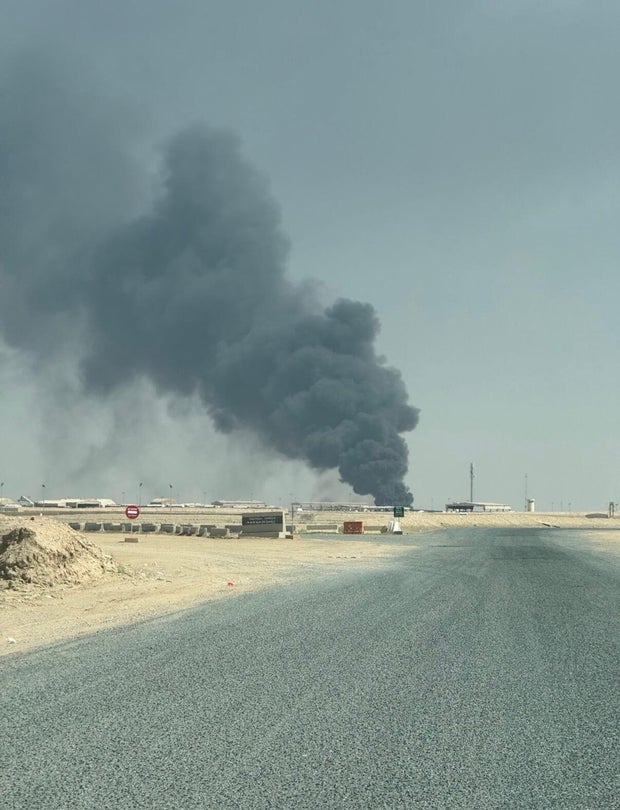 Smoke rises from the tract  of an Iranian drone onslaught  successful  Kuwait 