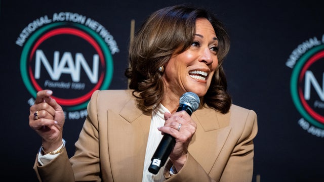 Former Vice President Kamala Harris speaks during the National Action Network Convention in New York on Friday, April 10, 2026. 
