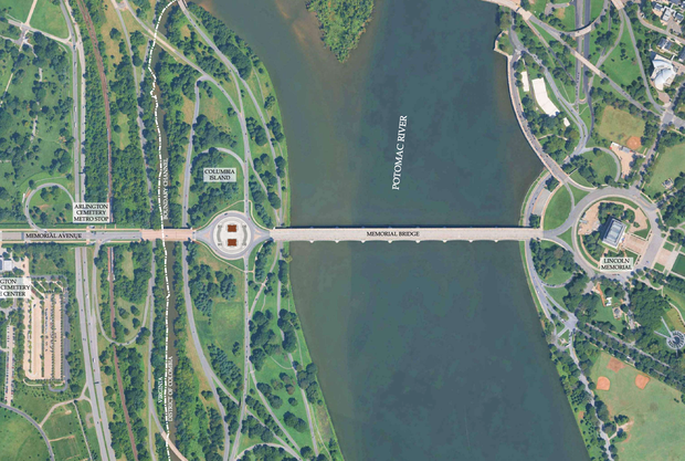 The arch would be located in Virginia, across the Potomac from the Lincoln Memorial. 