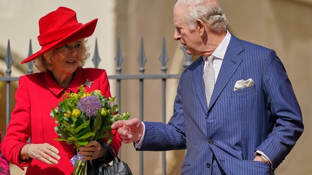 Britain's King Charles III and Queen Camilla leave after attending the Easter Matins Service at St. George's Chapel in Windsor, England, Sunday, April 5, 2026. 