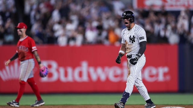 Jos&eacute; Caballero #72 of the New York Yankees reacts after hitting a walk off two-run double during the ninth inning of the game against the Los Angeles Angels at Yankee Stadium on April 15, 2026 in New York City. 