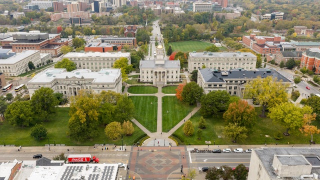 Aerial view of University of Iowa in Iowa City, IA. 