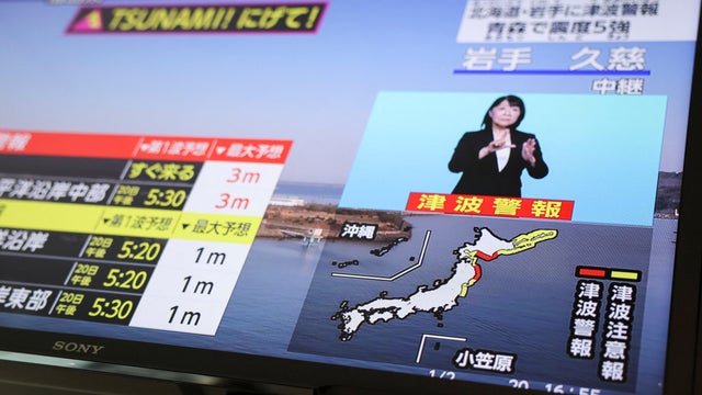 A television screen shows a news report on Japan Meteorological Agency's tsunami warning after an earthquake struck off the northeastern coast of Japan, in Tokyo 