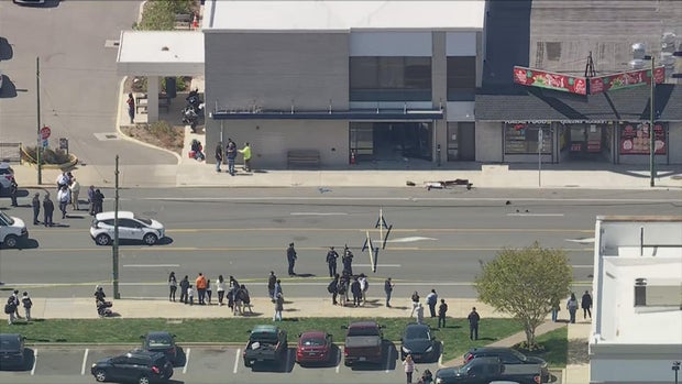 Chopper shot of Castor Avenue near the 2nd district police station, the road is closed after a car crashed into the building 