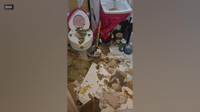 Debris from alleged ceiling collapse in bathroom 