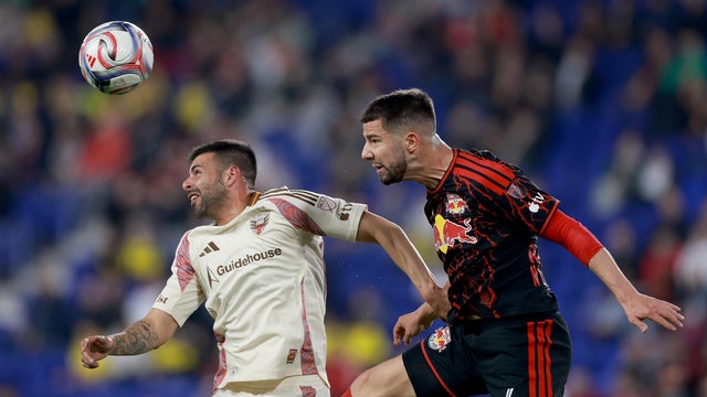 Tai Baribo #9 of the D.C. United and Robert Voloder #6 of the Red Bull New York go after the ball in the first half at Sports Illustrated Stadium on April 22, 2026 in Harrison, New Jersey. 