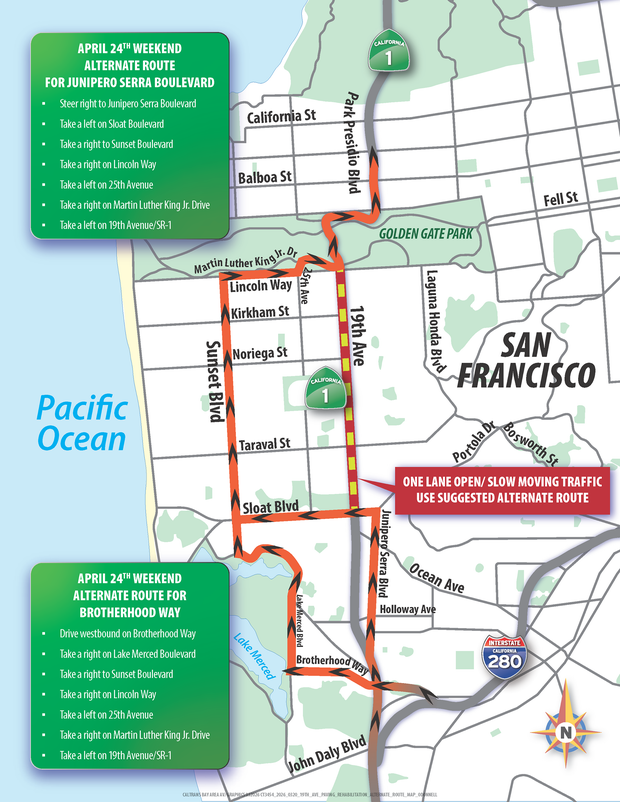 San Francisco 19th Avenue closure, detour Caltrans map 