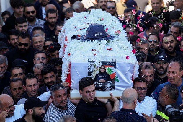 Funeral of journalist Amal Khalil, who was killed in an Israeli strike on Wednesday, in Baisariyeh 