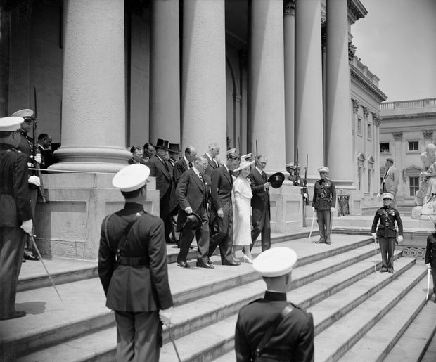 King George VI and Queen Elizabeth of the United Kingdom on Steps of U.S. Capitol during their Royal Visit, Washington DC, USA, June 9, 1939 
