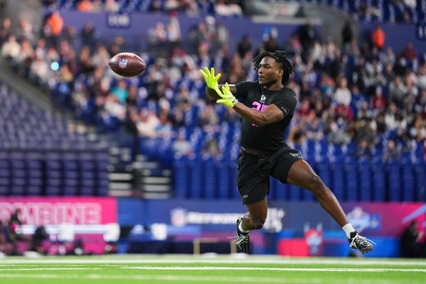 D'Angelo Ponds #DB25 of Indiana participates in a drill during the 2026 NFL Scouting Combine at Lucas Oil Stadium on February 27, 2026 in Indianapolis, Indiana. 