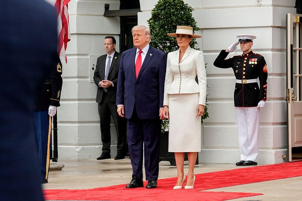 President Trump and first lady Melania Trump attend an arrival ceremony for King Charles III on the South Lawn of the White House in Washington, D.C., on Tuesday, April 28, 2026. 
