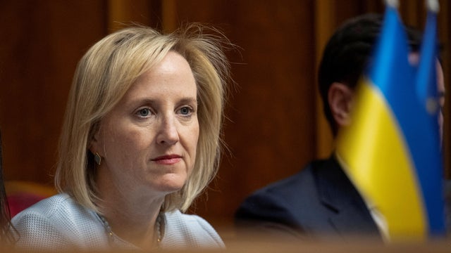 FILE PHOTO: Julie Davis, U.S. Charg&eacute; d'Affaires ad interim to Ukraine, attends a session of Ukrainian parliament during a ratification of the deal with the United States about mineral resourcesin Kyiv 